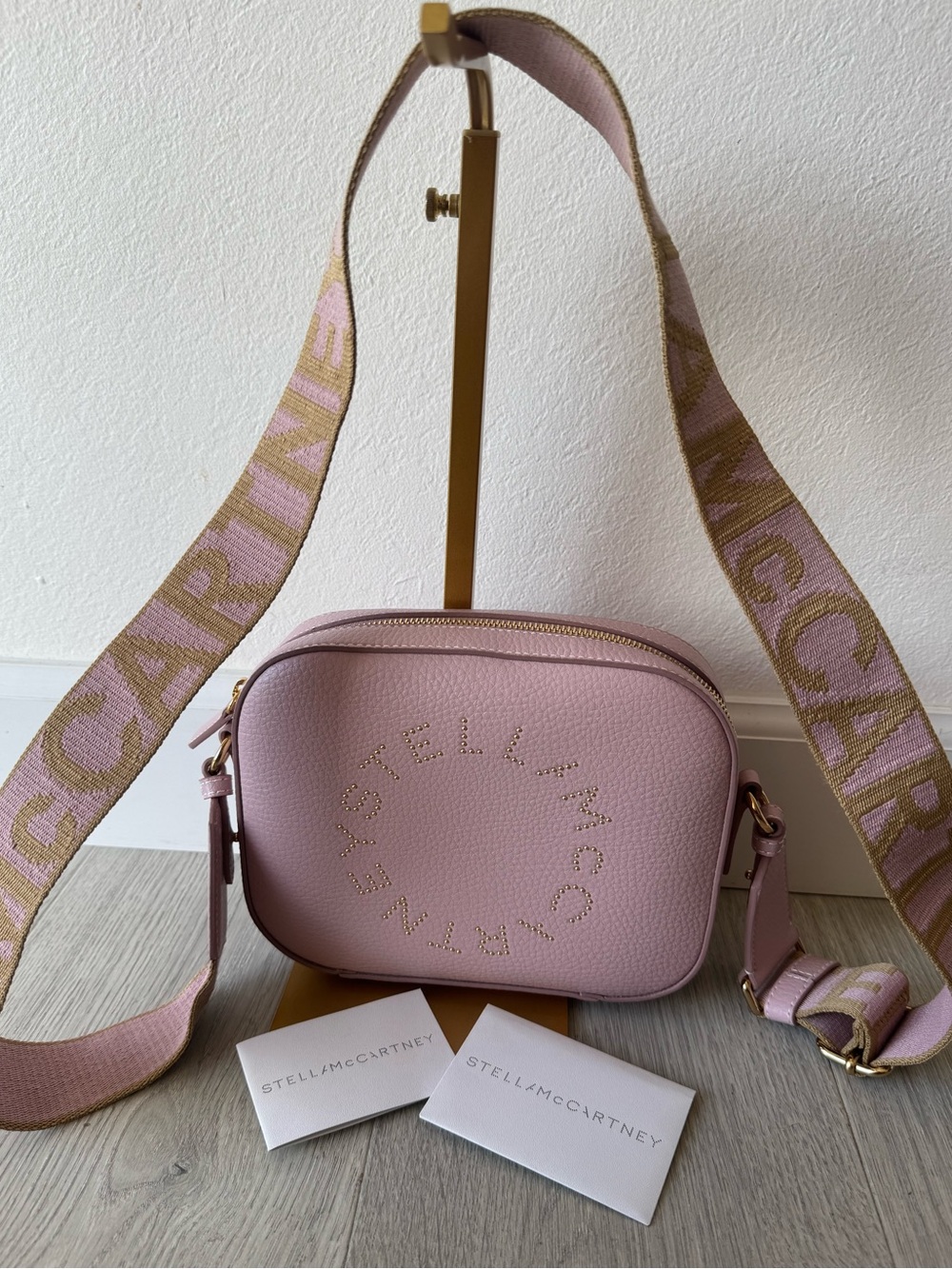 Stella McCartney Blush Pink Logo Camera Crossbody Bag with Branded Strap